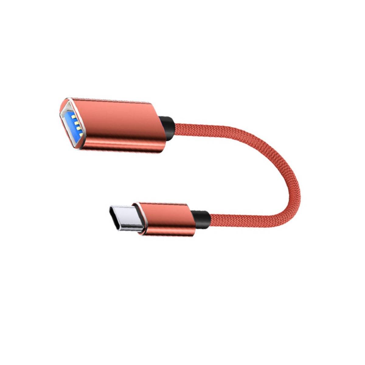 Rotes geflochtenes USB-C zu USB-A Adapterkabel mit rosegoldfarbenen Steckern auf weißem Hintergrund.