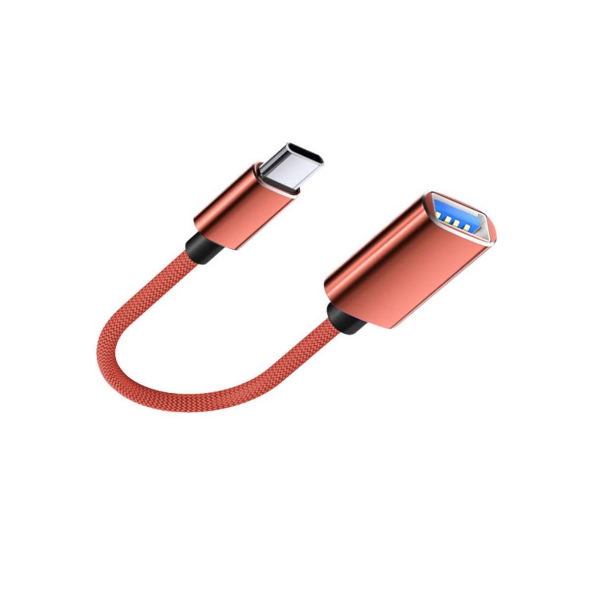 Rotes USB-C-Ladekabel mit USB-A-Anschluss auf weißem Hintergrund.