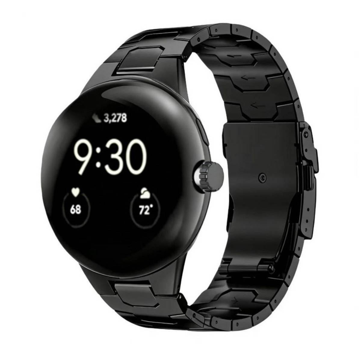 Schwarze runde digitale Smartwatch mit Metallband zeigt 9:30 Uhr, Schrittanzahl 3.278, Herzfrequenz 68 und Temperatur 72°
