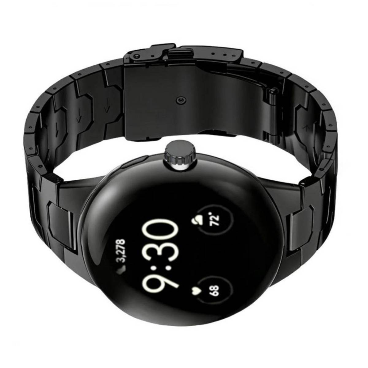 Schwarze runde Smartwatch mit Metallgliedband, zeigt 9:30 und Wetter-/Herzsymbole auf schwarzem Bildschirm an.