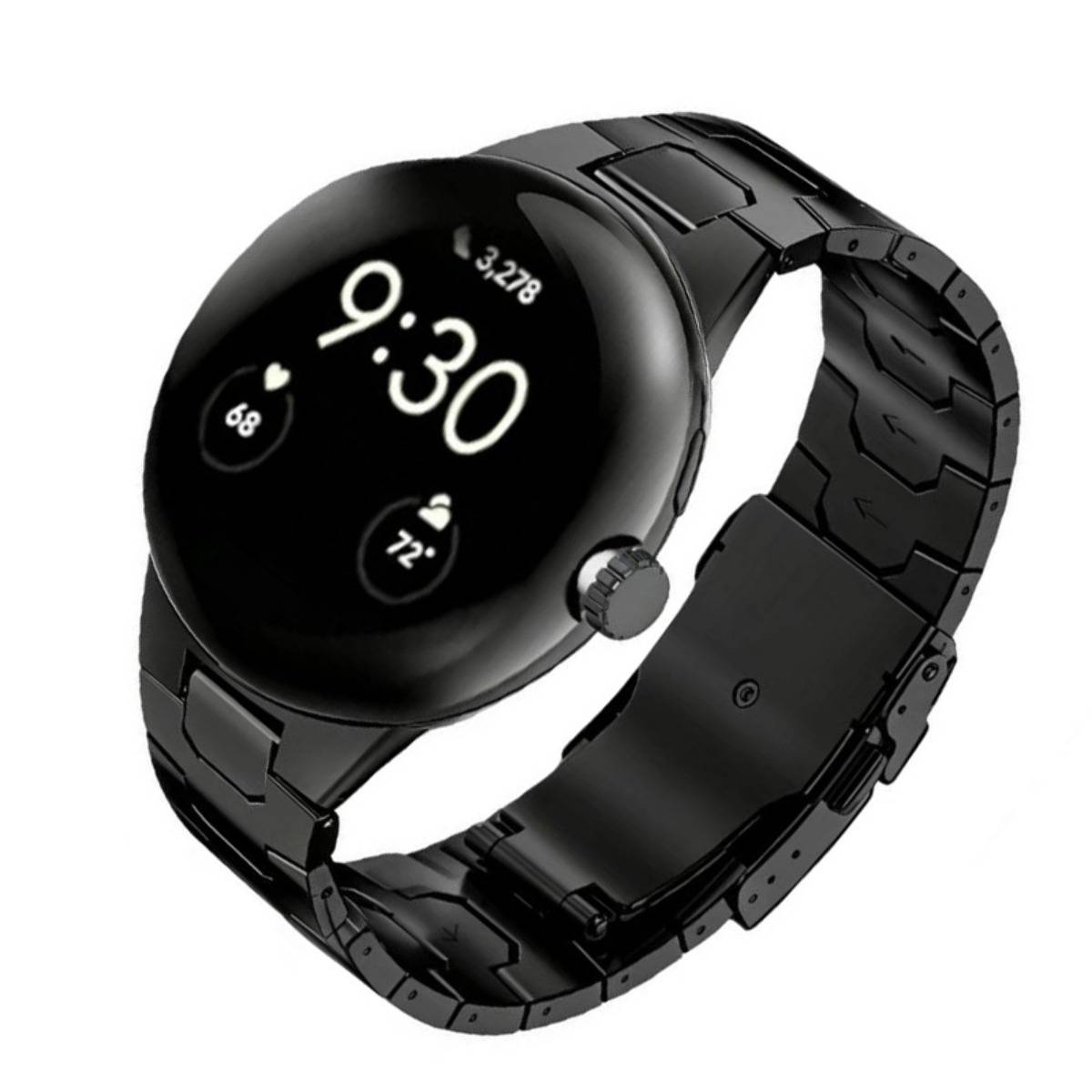 Schwarze runde Smartwatch mit digitalem Display, das 9:30, Schrittanzahl und Wettersymbole anzeigt, auf einem schwarzen Metallband.
