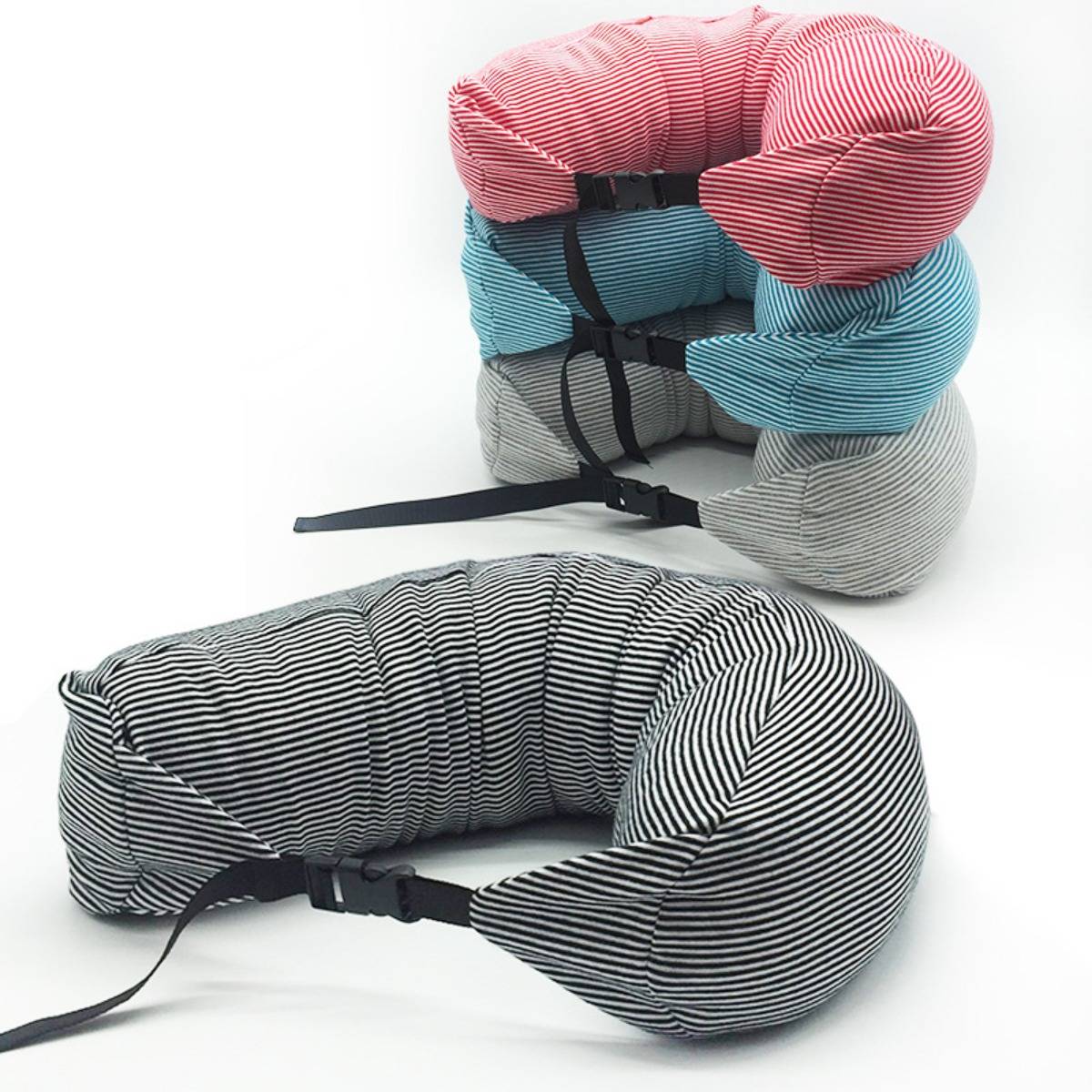 U-förmiges Nackenkissen – gestrickter Baumwollbezug mit Polystyrol-Mikrokügelchen, atmungsaktives ergonomisches Reisekissen, abnehmbarer waschbare