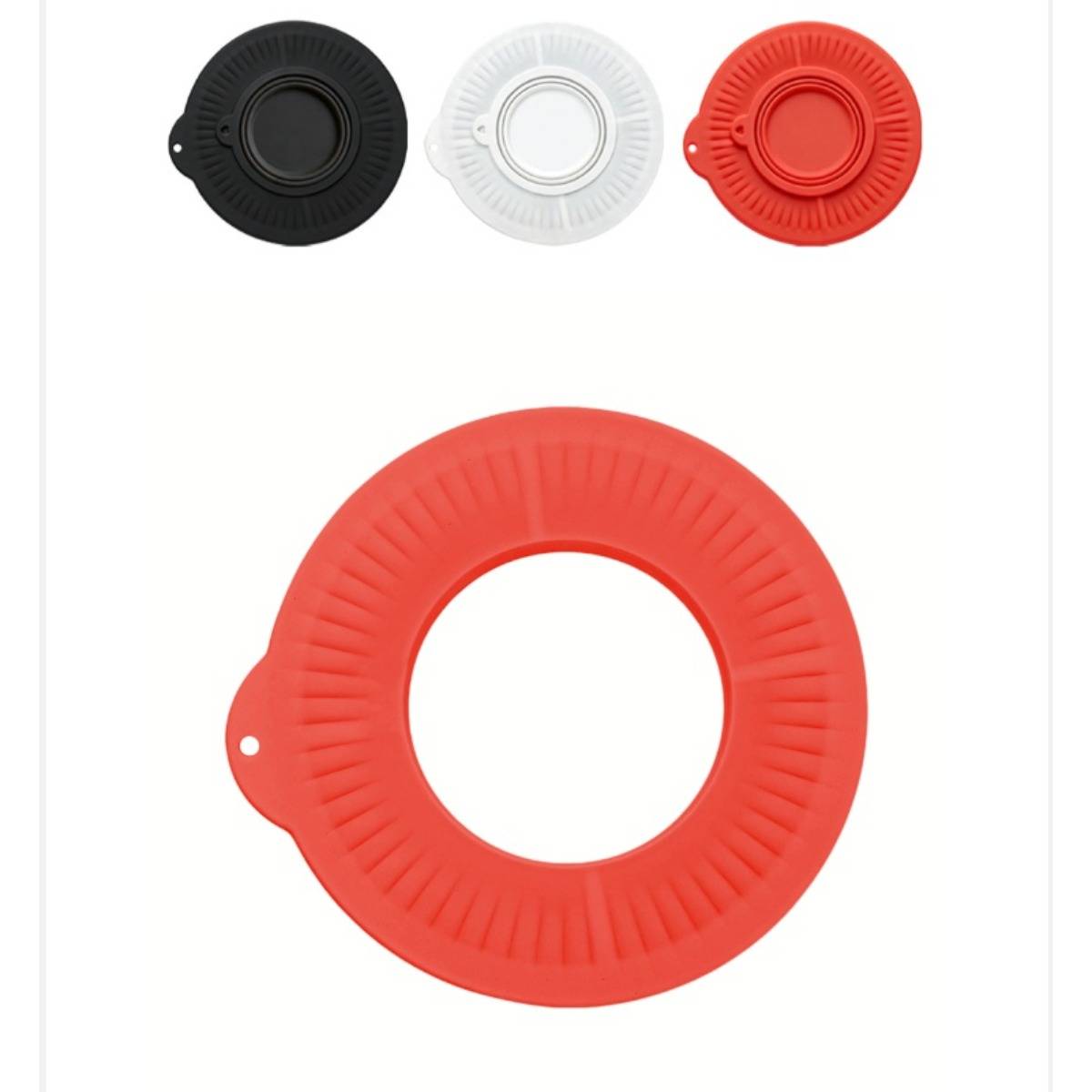 Silikon-Spritzschutz für Spüle in Schwarz, Weiß und Rot; großer roter Ring mit zentraler Öffnung und seitlicher Lasche.