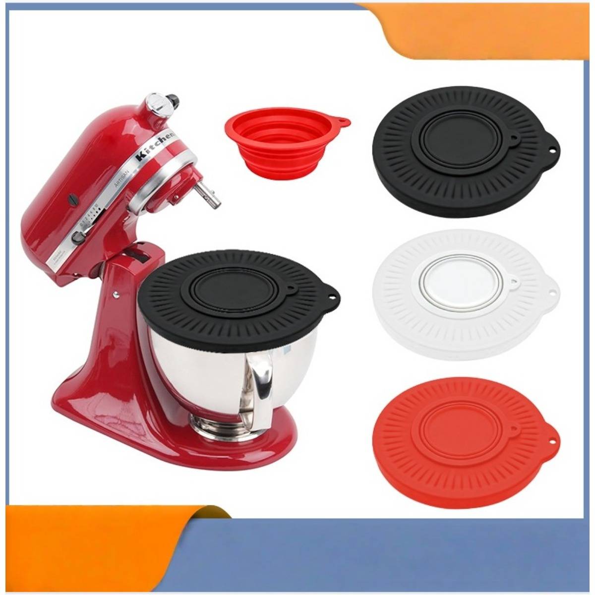 Roter Standmixer mit schwarzem, weißem, rotem und rotem faltbaren Silikonschüsselbezug, der daneben gezeigt wird.