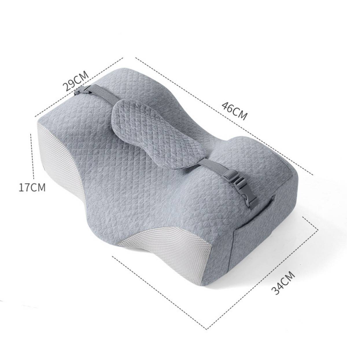 Grau konturiertes Memory-Foam-Beinkissen mit Riemen, gezeigt in Produktansicht mit Abmessungen 46 cm lang, 34 cm breit, 17 cm hoch und 29 cm über die obere Fläche.