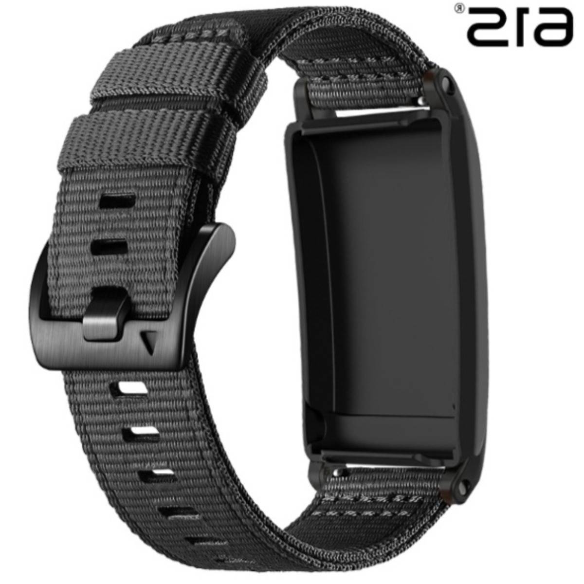 Schwarzes gewebtes Stoff-Smartwatch-Armband mit rechteckigem Uhrengehäuse und Verschluss, gezeigt auf weißem Hintergrund mit 's' Logo.