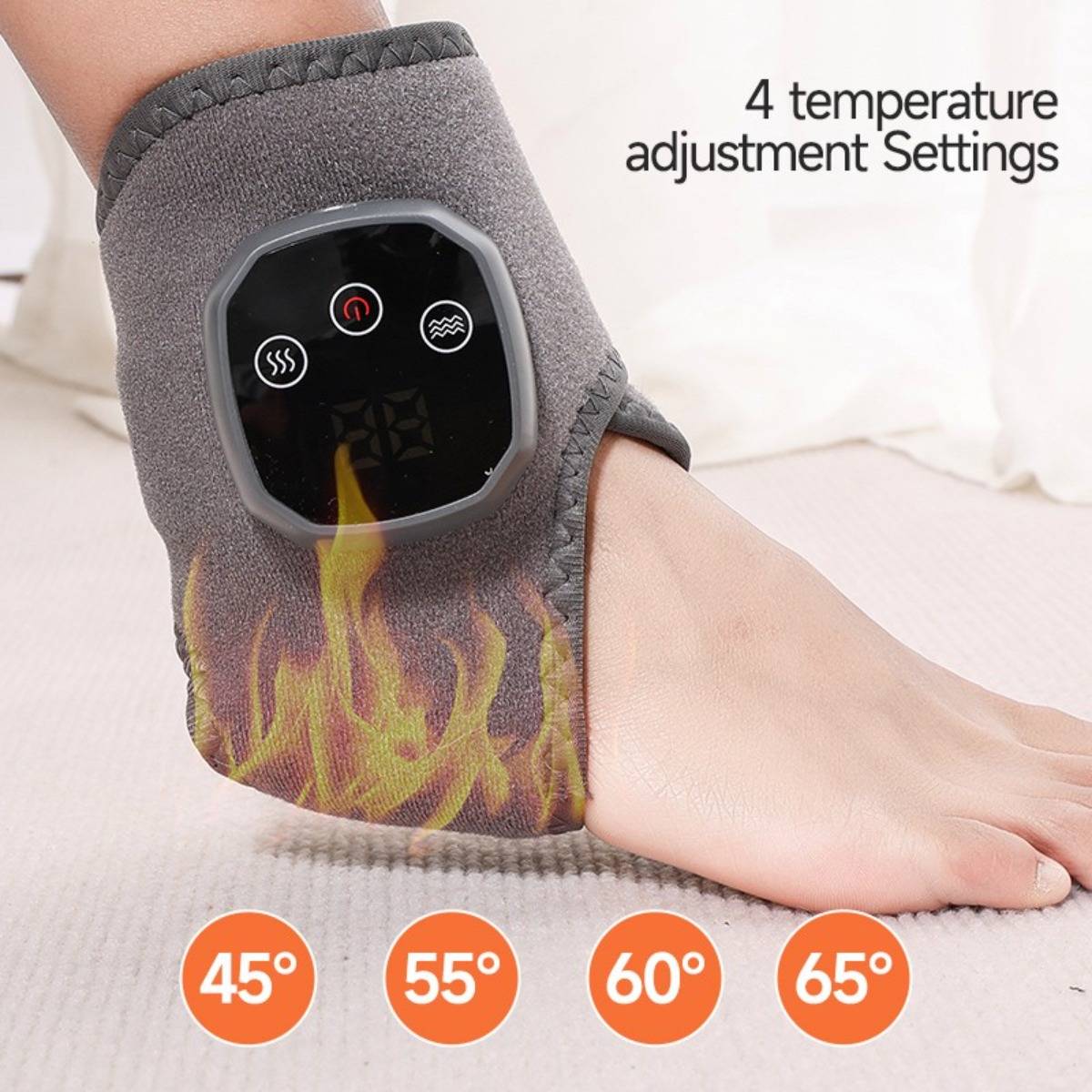 Beheizte Knöchelbandage mit digitaler Steuerung, die 4 Temperatureinstellungen anzeigt: 45°, 55°, 60° und 65°.