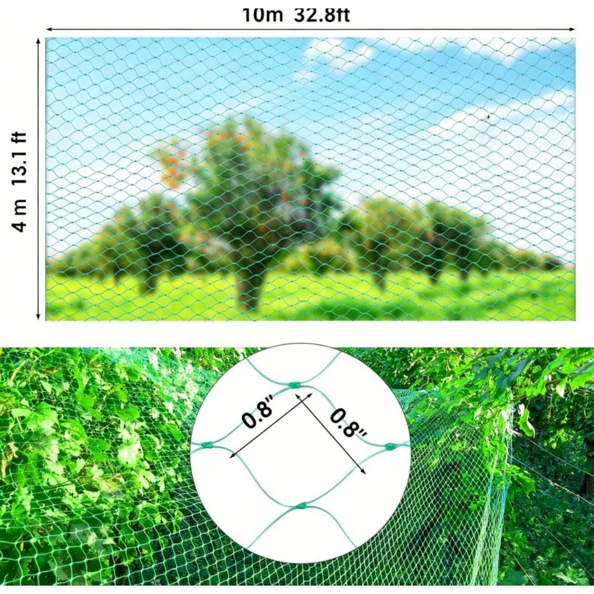 Illustration eines grünen Schutznetzes für Pflanzen, das ein 10 m x 4 m großes Tuch mit 0,8 Zoll großen Maschenöffnungen zeigt.