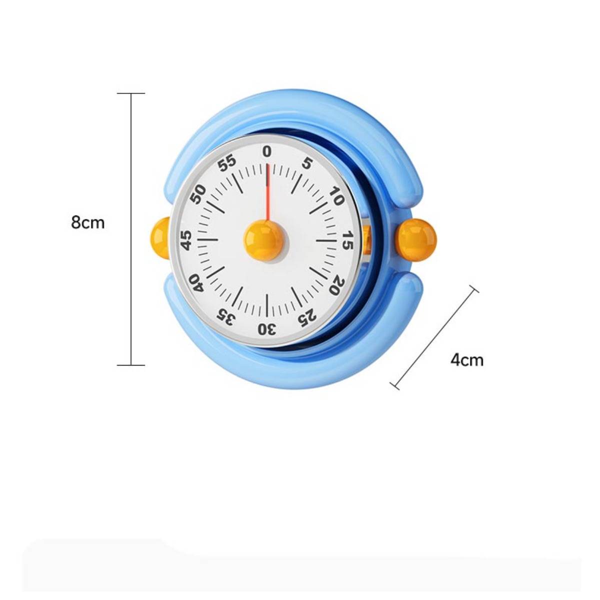 Blau-orange mechanischer Timer mit Größenangaben: 8 cm hoch und 4 cm breit.