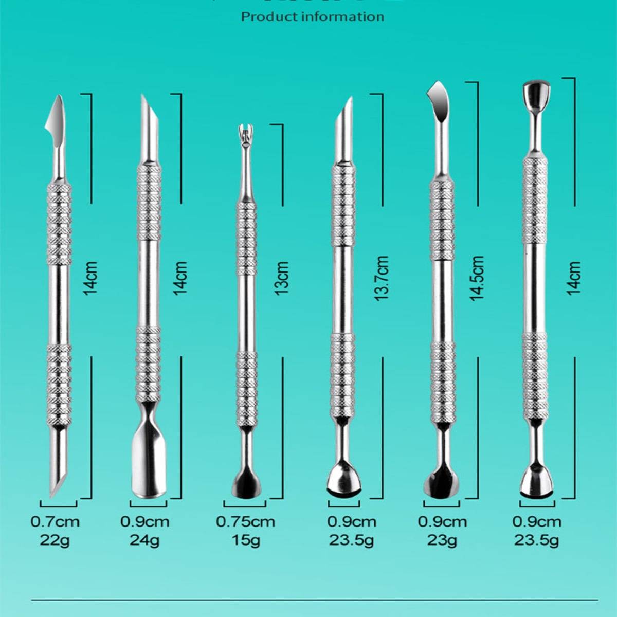 Produktinformationsbild, das sechs Schönheitswerkzeuge aus Edelstahl mit ihren Längen und Gewichten zeigt, die zwischen 13 cm und 14,5 cm sowie 15 g bis 24 g liegen.