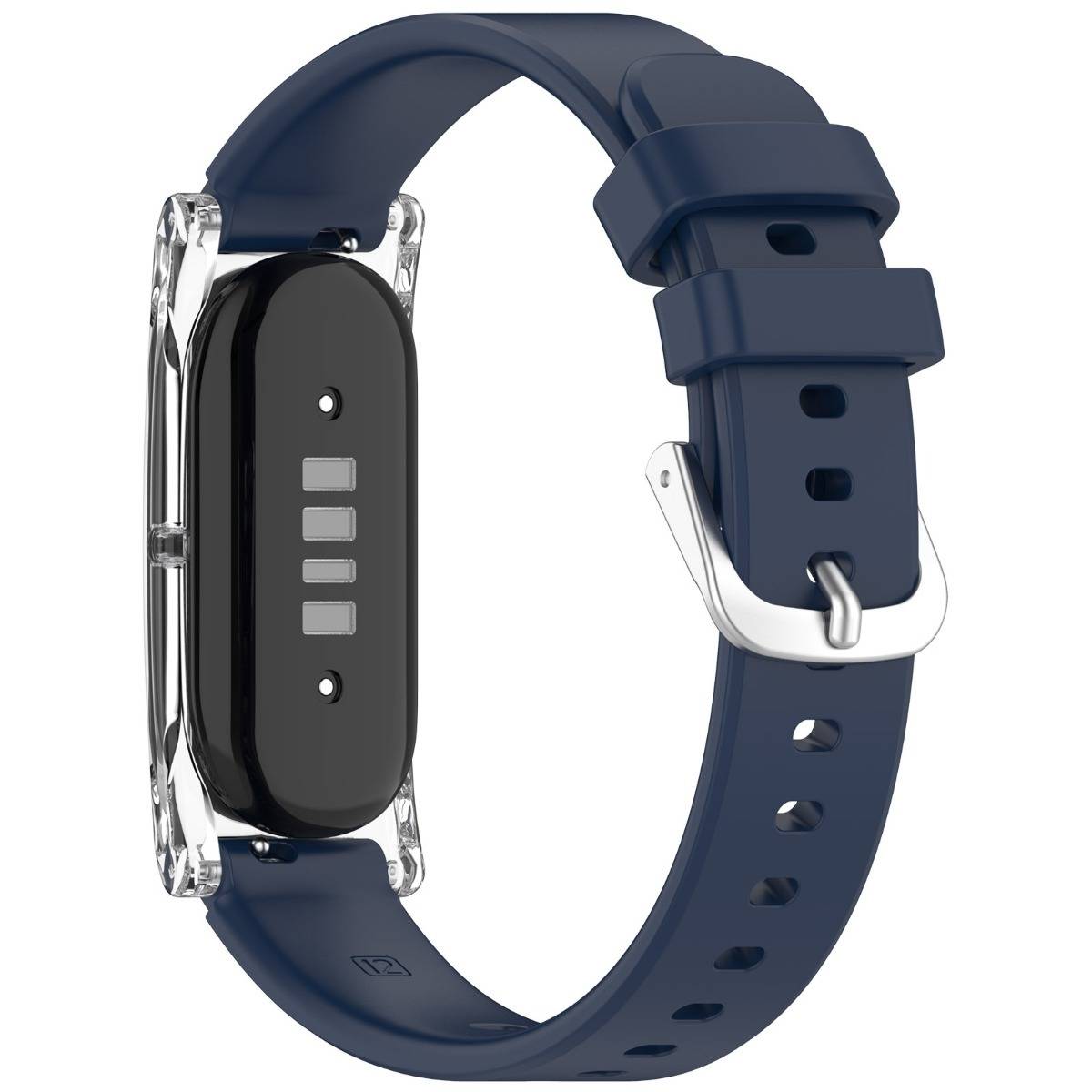 Marineblaue Smartwatch oder Fitness-Tracker mit schwarzem rechteckigem Modul in einer transparenten Schutzhülle und verstellbarem Schnallengurt auf weißem Hintergrund.