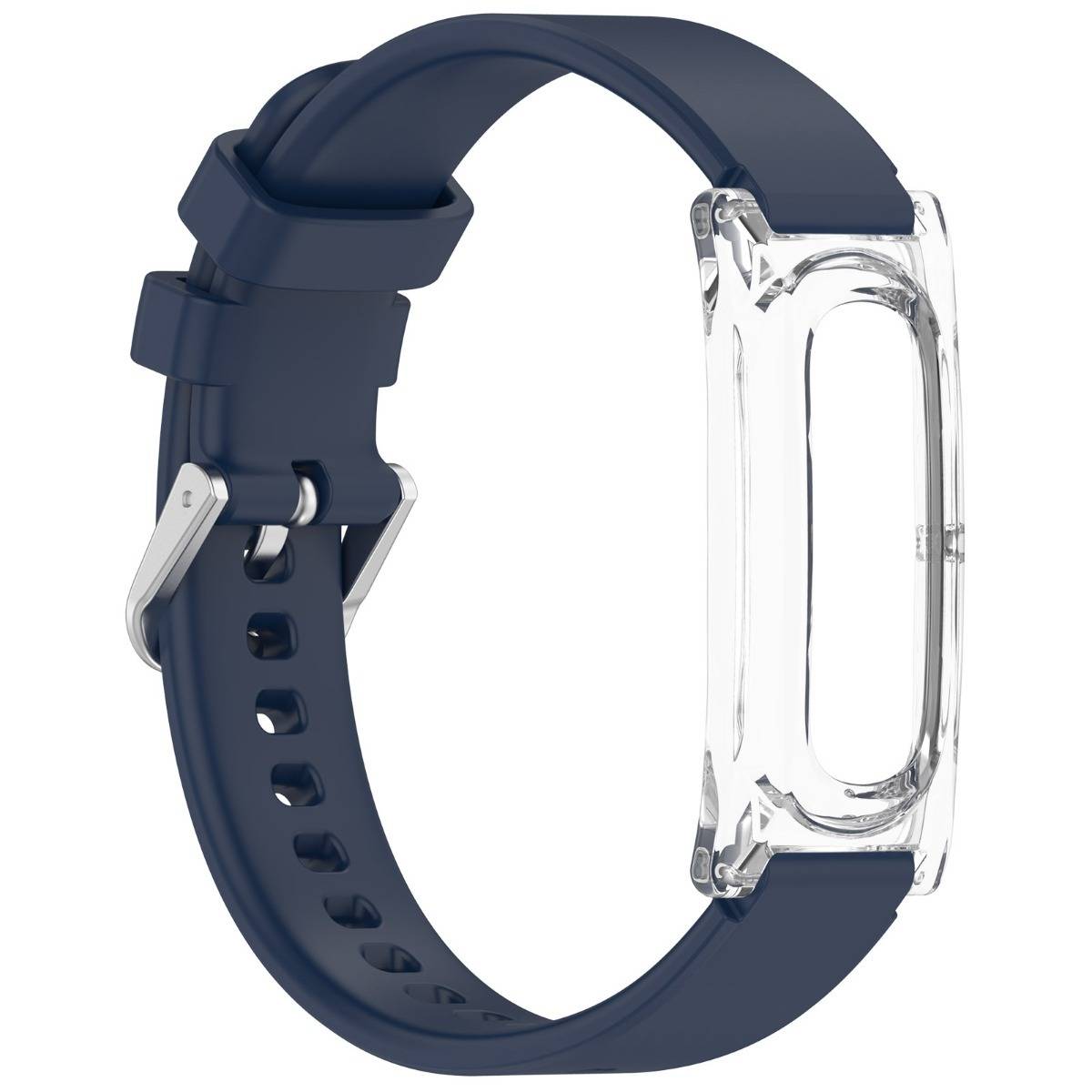 Ein dunkelblauarmband für eine Smartwatch mit einem durchsichtigen rechteckigen Uhrengehäuse oder einer Schutzabdeckung auf weißem Hintergrund.