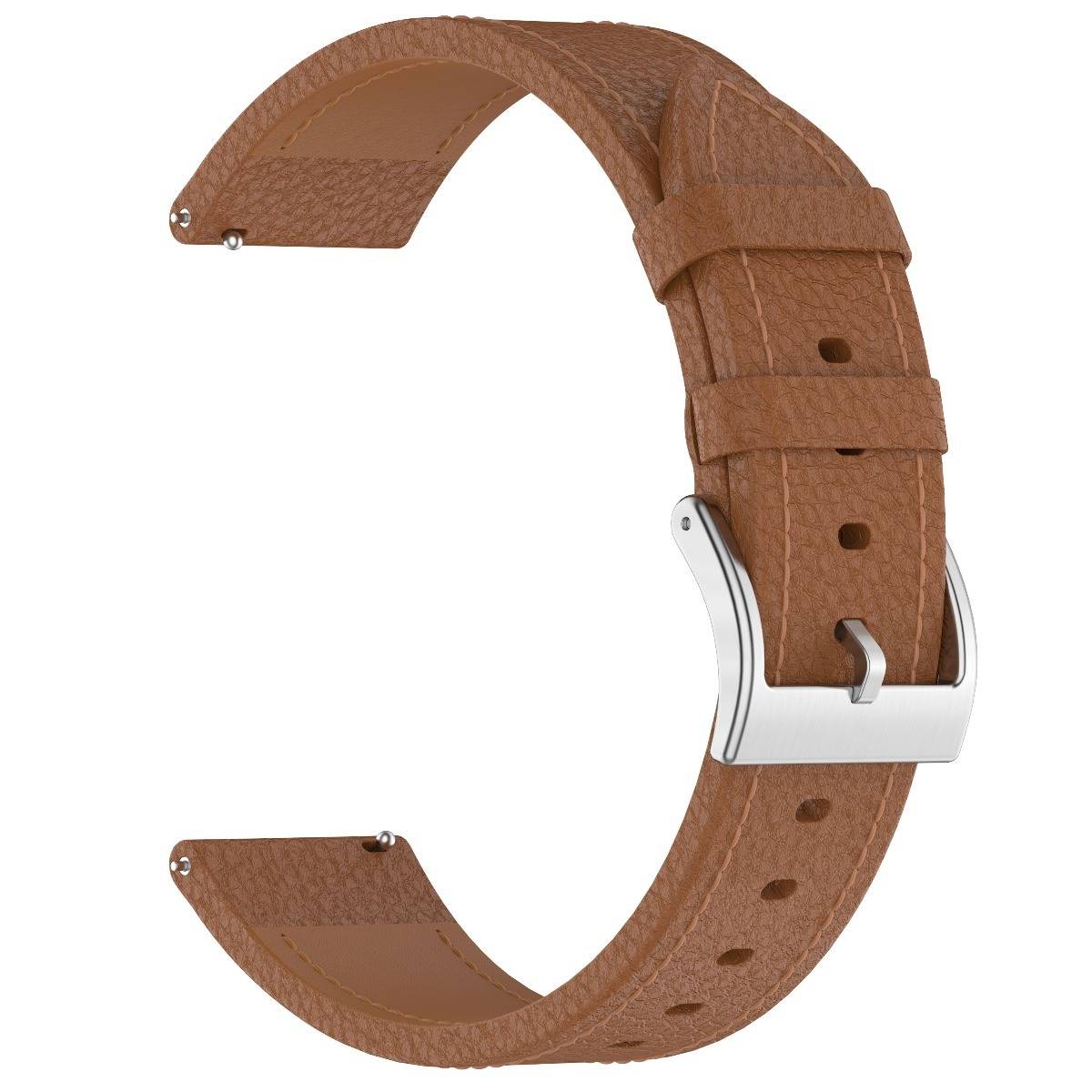 Braunes Lederarmband mit silberfarbenem Verschluss, offen und gebogen vor weißem Hintergrund dargestellt.