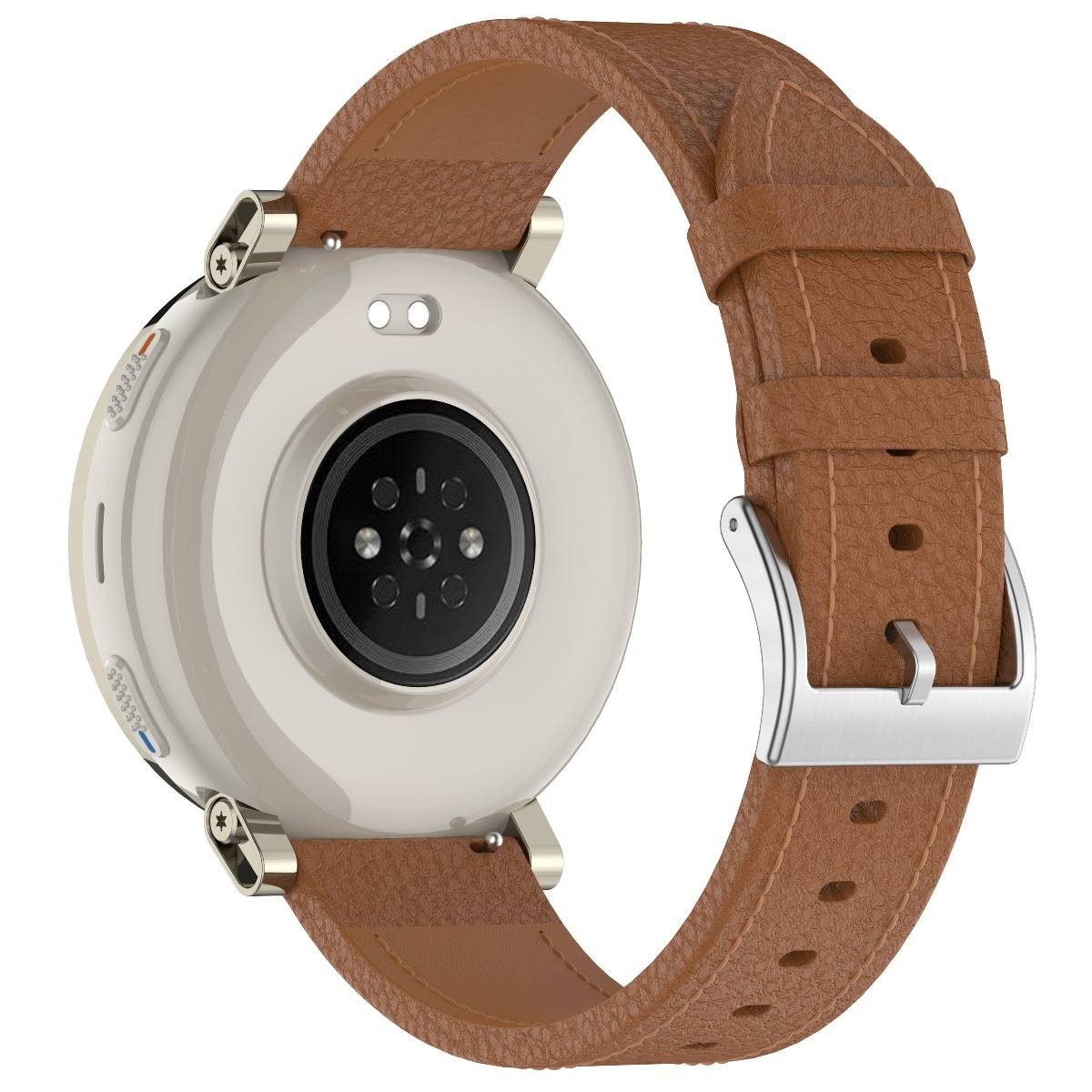 Rückansicht einer runden beigen Smartwatch mit braunem Lederarmband, zeigt die Sensorgruppe und die Schnallenschließe auf weißem Hintergrund.