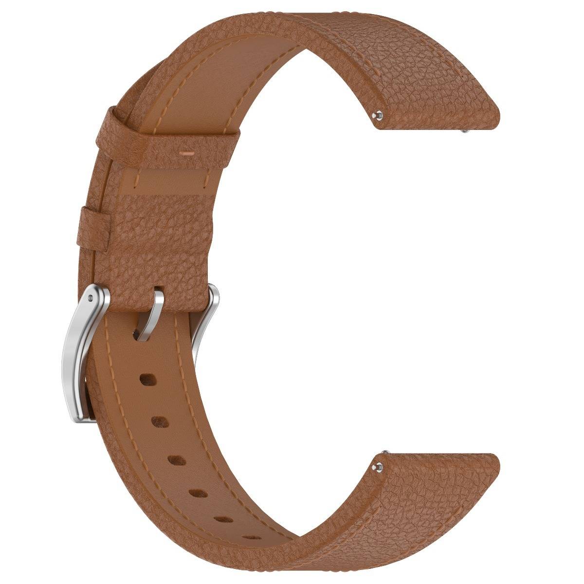 Braunes Lederarmband für Uhren mit silberner Metallschließe, geöffnet auf weißem Hintergrund dargestellt.