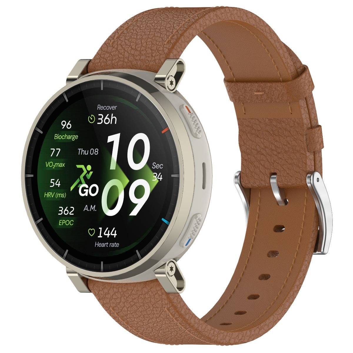 Runde Smartwatch mit braunem Lederarmband, das Fitness-Statistiken und die Uhrzeit anzeigt, einschließlich Herzfrequenz, VO2-Max, BioCharge, EPOC und Erholungszeit.