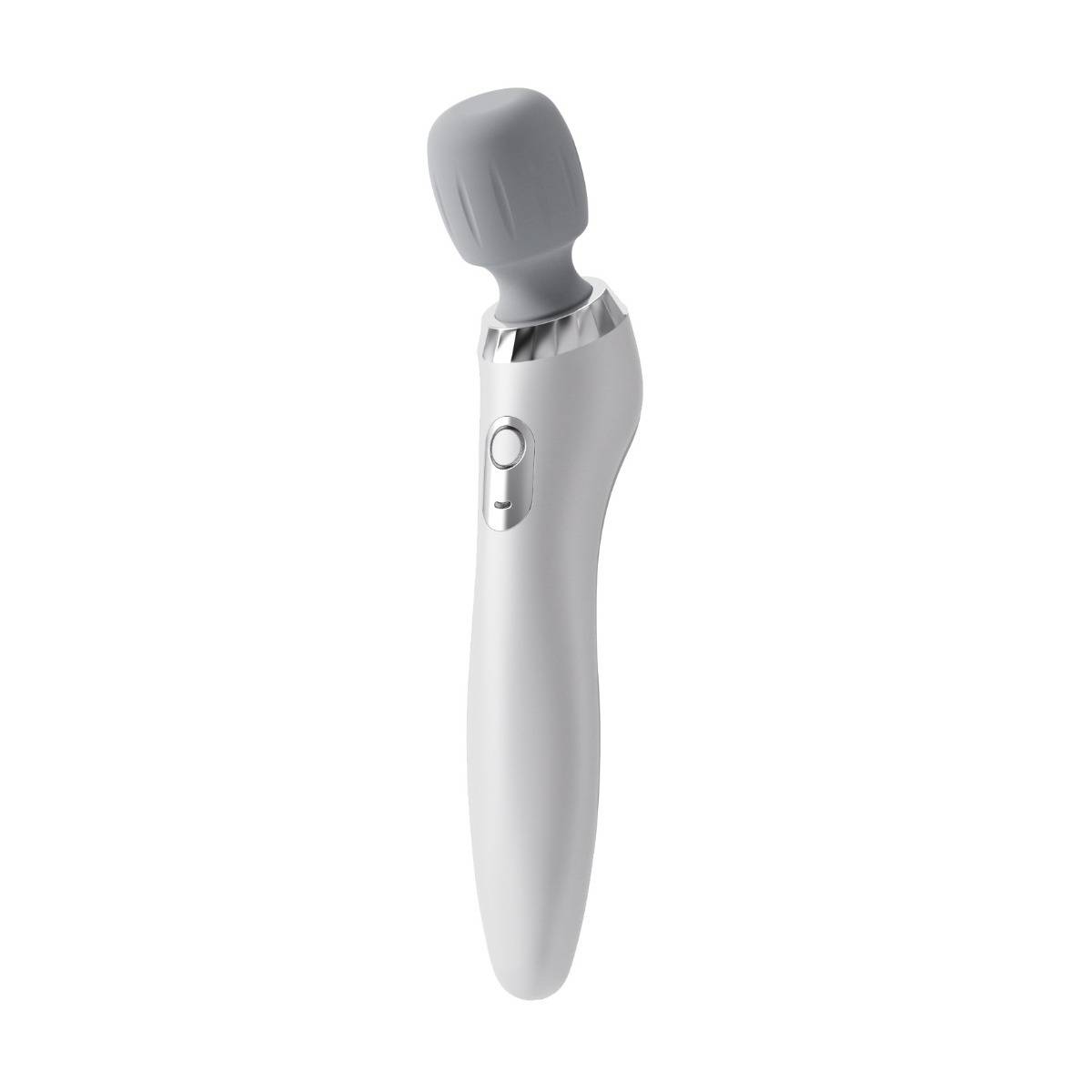 Tragbarer elektrischer Massager mit grauem Kopf und weißem Griff auf einfachem Hintergrund.