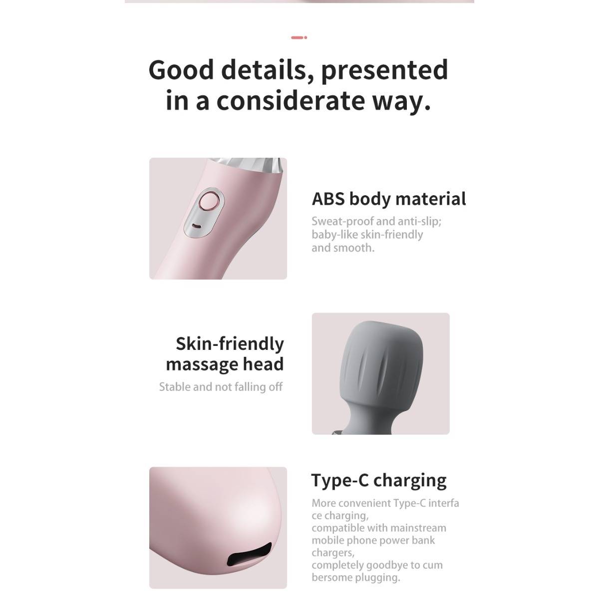 Produktfunktionsgrafik, die Gehäusematerial aus ABS, einen hautfreundlichen Massagekopf und USB-C-Aufladung zeigt.
