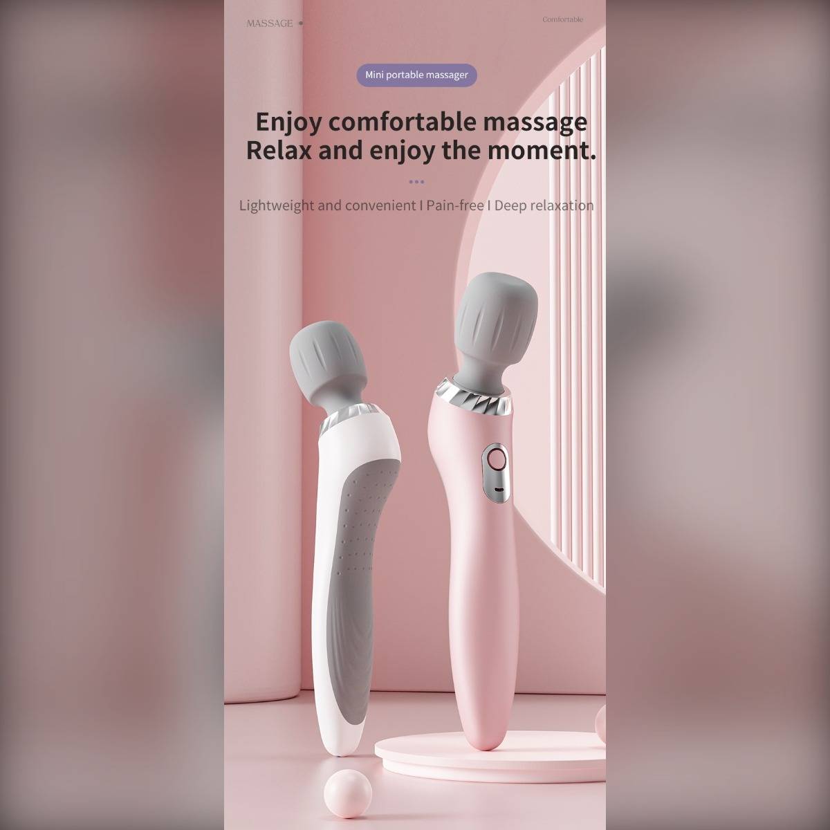 Werbung für einen „Mini tragbaren Massager" mit zwei tragbaren Massagegeräten und dem Text „Genießen Sie eine komfortable Massage Entspannen Sie sich und genießen Sie den Moment"" und „Leicht und praktisch | Schmerzfrei | Tiefe Entspannung"