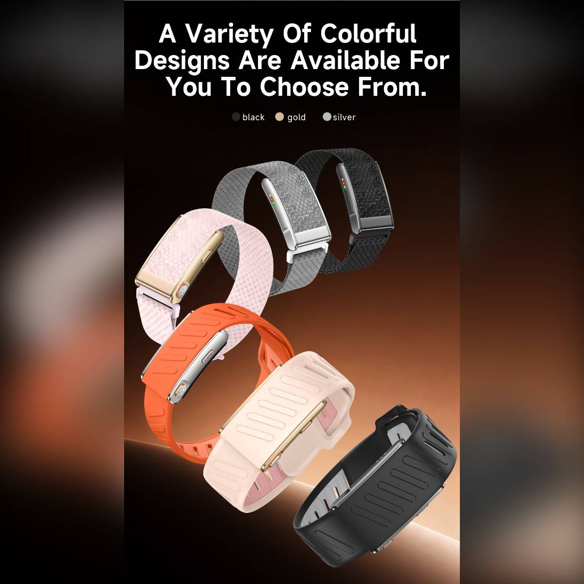 Werbebild eines Fitness-Tracker-Armbands in mehreren Farben erhältlich, mit dem Text „Eine Vielzahl farbenfroher Designs stehen Ihnen zur Auswahl." Die gezeigten Farben umfassen Schwarz, Gold, Silber, Rosa, Orange, Beige und Dunkelgrau.
