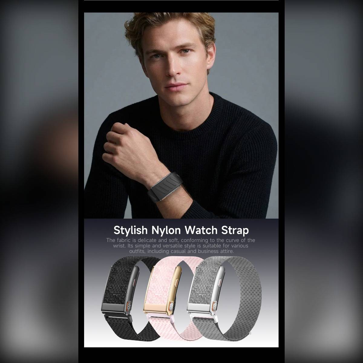 Mann trägt ein stilvolles Nylon-Armband für eine Uhr in Grau; die Anzeige zeigt drei Farboptionen: Schwarz, Rosa und Silbergrau.