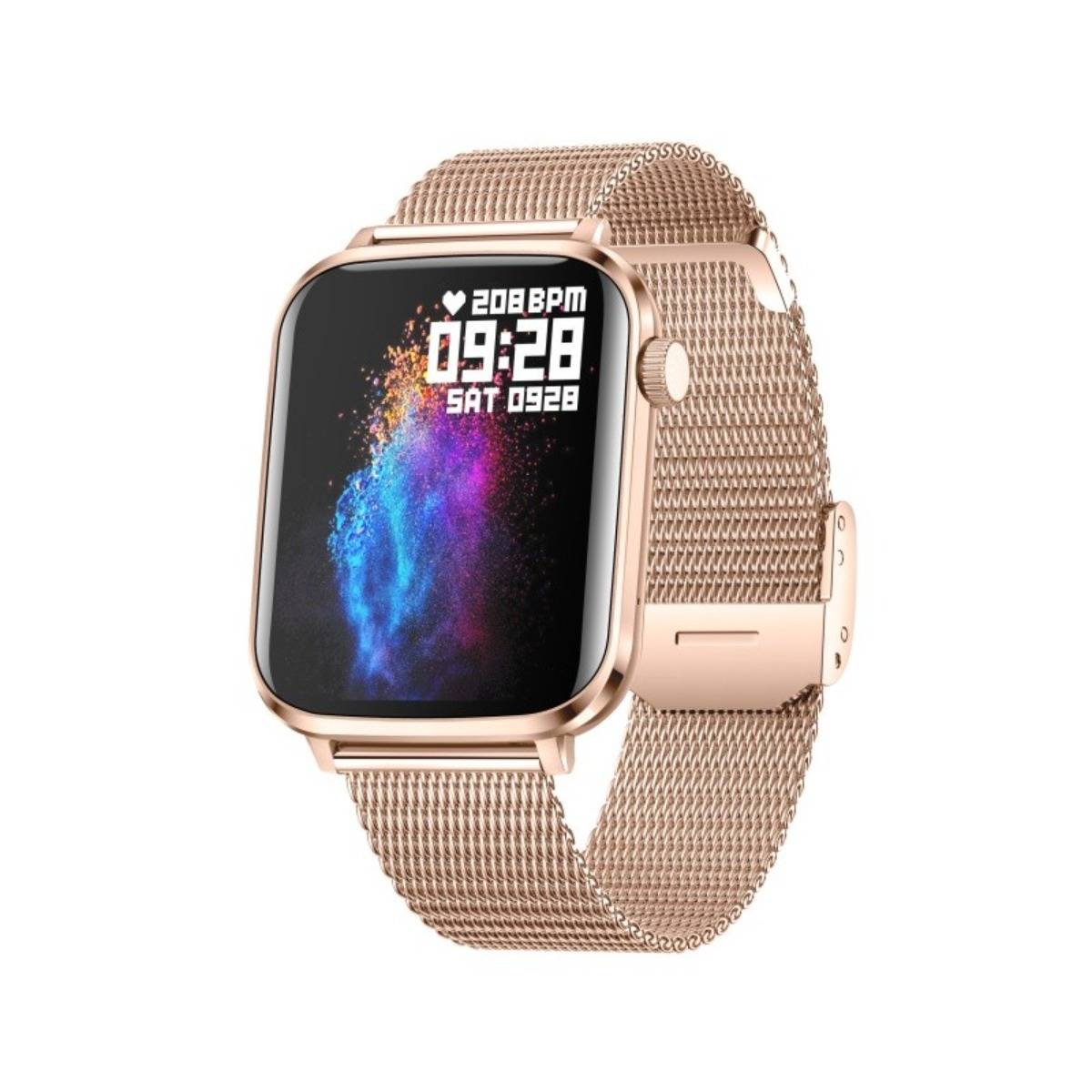 Roségoldene Smartwatch mit Maschenband, auf dem schwarzen Farbbildschirm „208 BPM