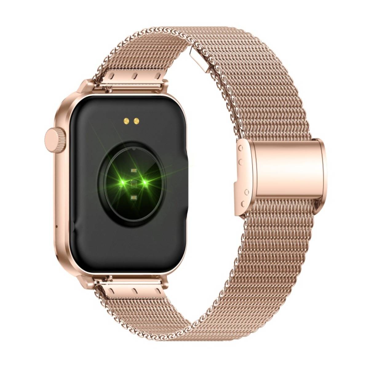 Rosegoldene Smartwatch mit schwarzem quadratischem Zifferblatt und grün leuchtendem Sensor, zusammen mit einem passenden Metallgewebearmbband auf weißem Hintergrund.