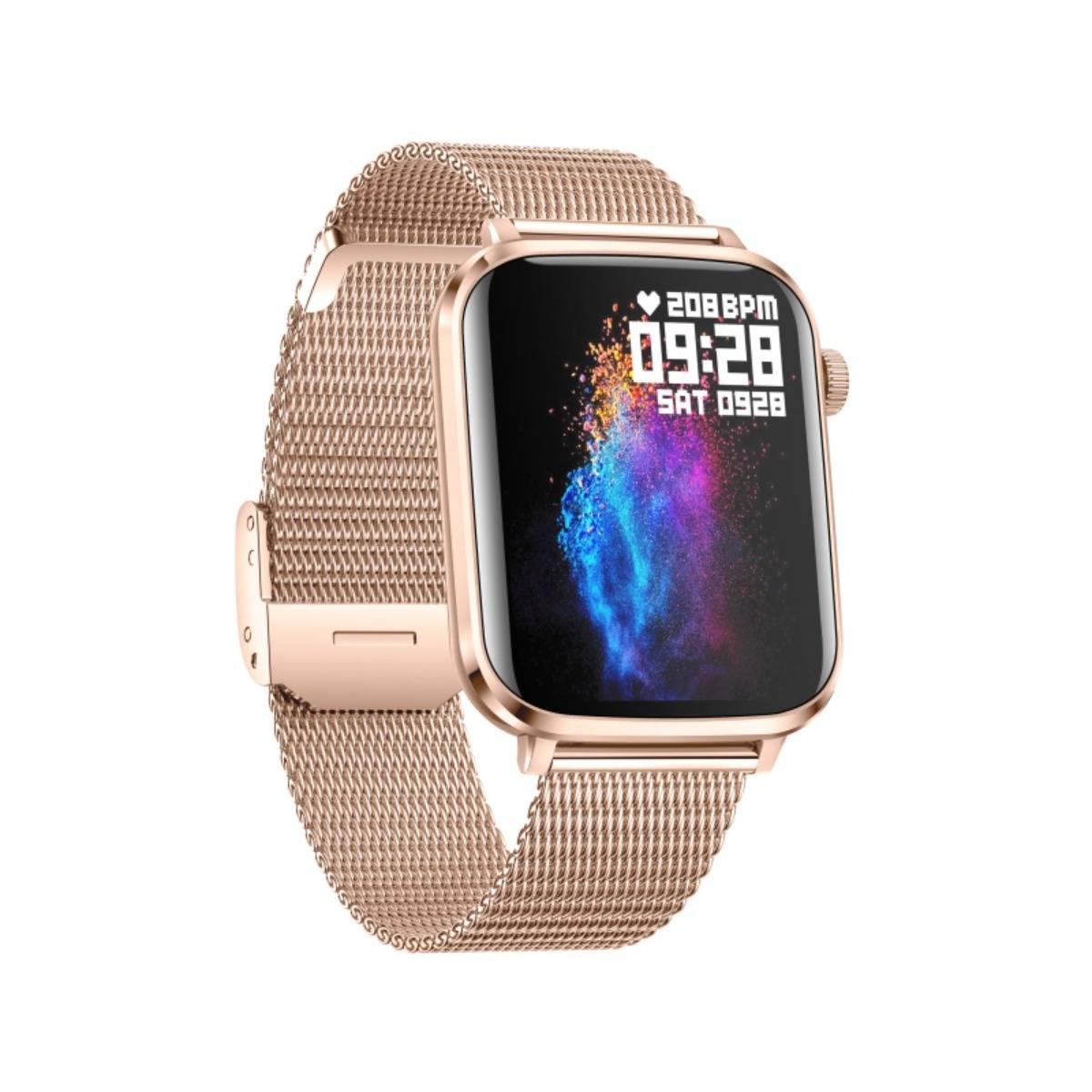 Rosé-goldene Smartwatch mit Metallarmband, auf dem Display werden Herzfrequenz 208 BPM, Uhrzeit 09:28 und Datum SAT 0928 angezeigt.