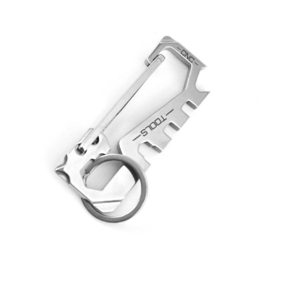 Silberner Multi-Tool-Karabiner-Schlüsselanhänger mit integrierten Schraubenschlüssel- und Schraubendreher-Aussparungen auf weißem Hintergrund.