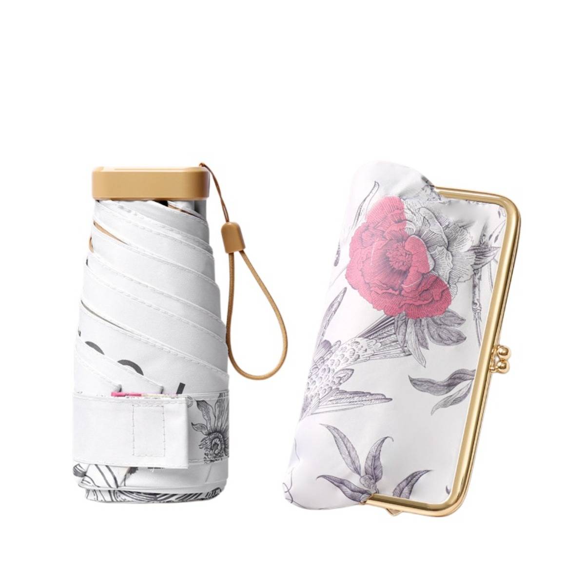 Zwei Ansichten eines kompakten weißen Regenschirms mit Blumenmuster, mit goldenem Griff und Rahmen, dargestellt im zusammengeklappten Zustand und in seinem passenden Etui.