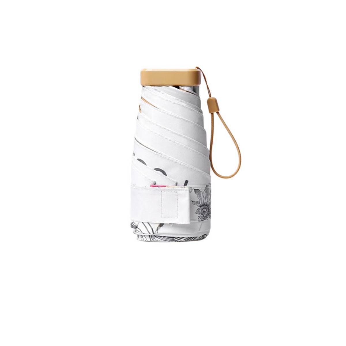 Weiße isolierte Wasserflasche mit beigefarbenem Deckel und Handgelenkschlaufe, umhüllt von einer gemusterten Schutzhülle mit einer Vordertasche.