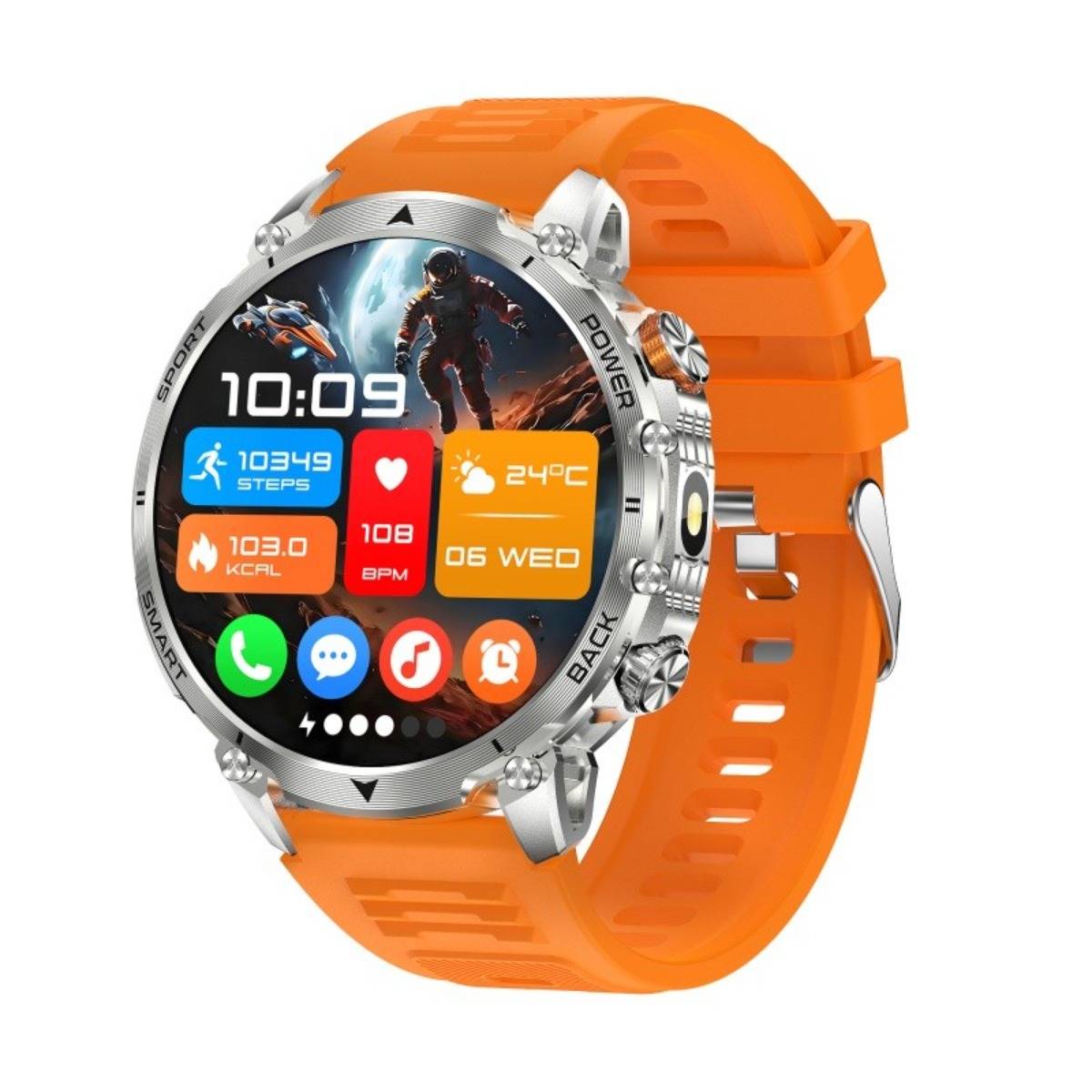 Orange-Smartwatch mit rundem Silbergehäuse, zeigt digitale Uhrzeit 10:09 und Fitness-, Herzfrequenz-, Wetter- und App-Symbole auf dem Display.