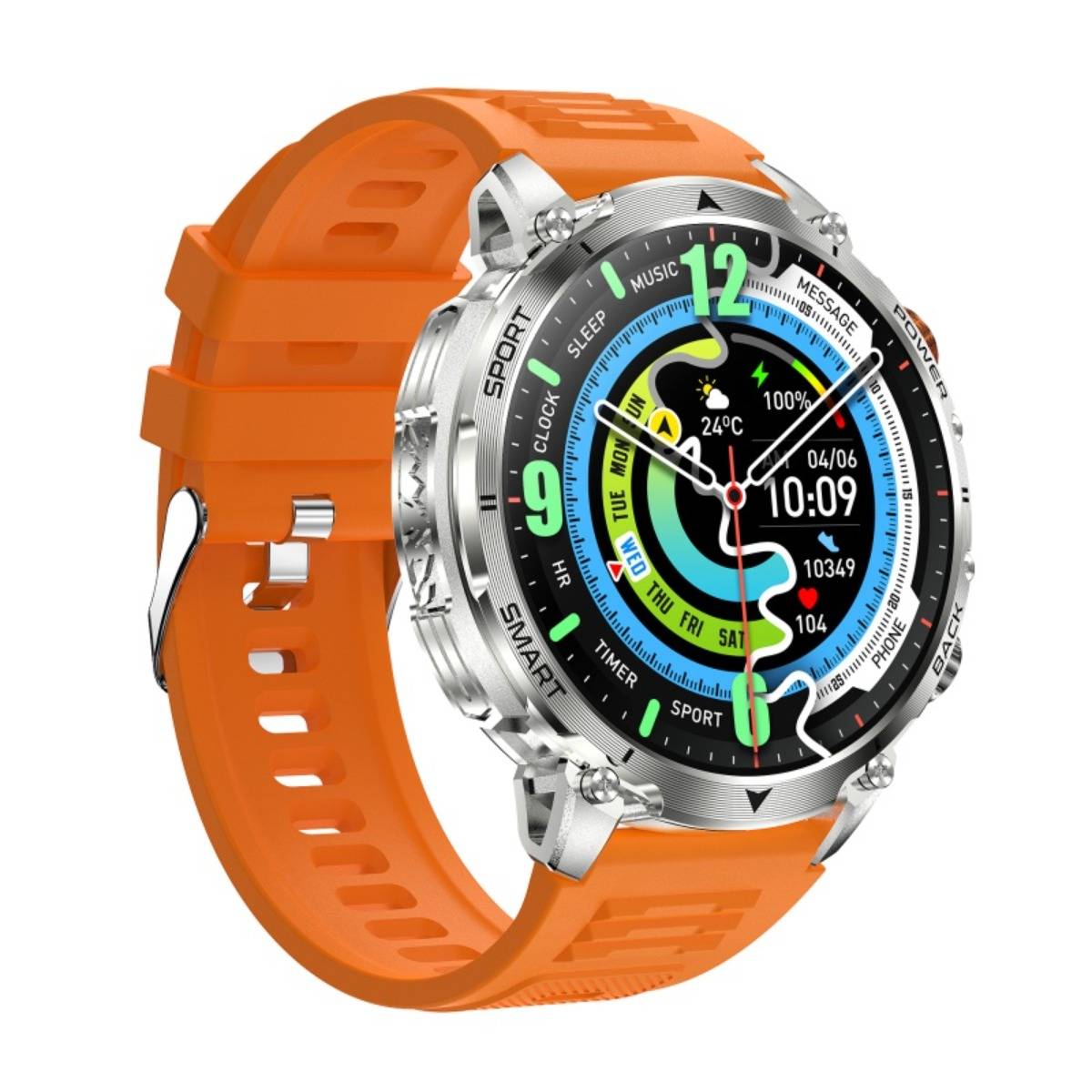 Orange-Smartwatch mit rundem silbernem Gehäuse mit farbenfrohem digitalen Interface, Uhrzeit 10:09, Datum 04/06 und Fitness-Symbolen.
