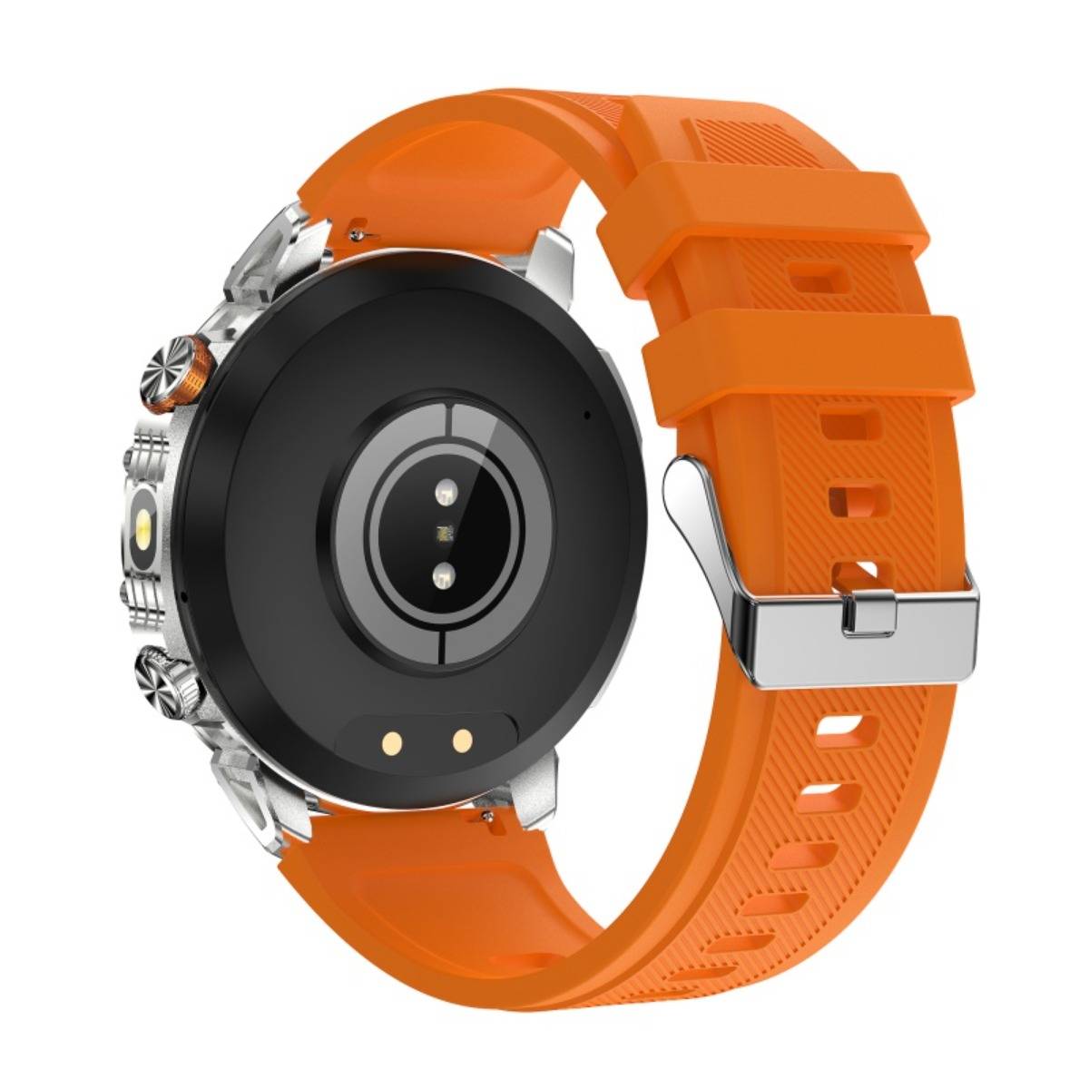 Orange Smartwatch mit rundem schwarzem Display, Seitentasten und silberner Schließe auf orangefarbenem Armband, auf weißem Hintergrund abgebildet.