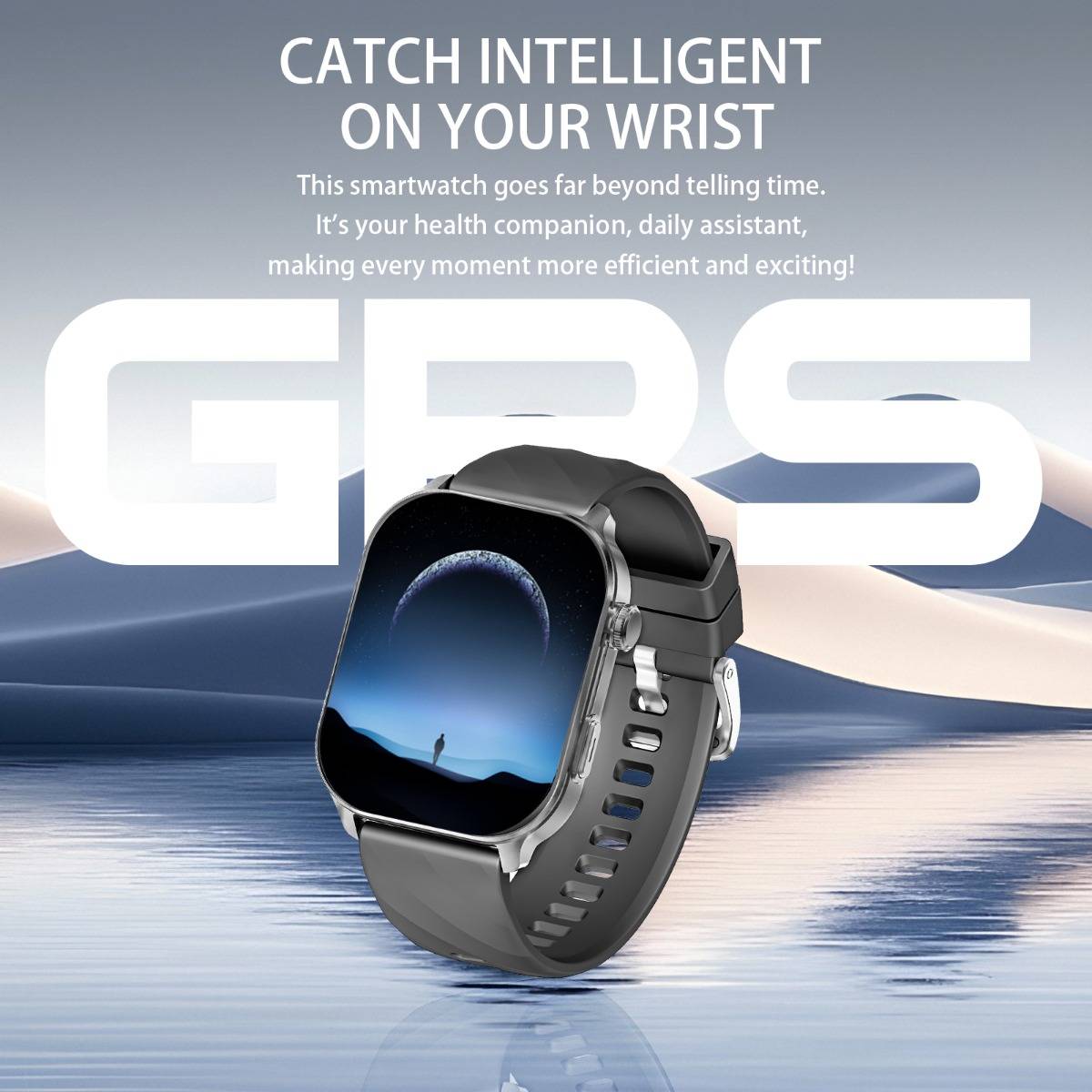 Werbebild einer Smartwatch mit der Bezeichnung "GPS"" und der Überschrift ""FANGEN SIE INTELLIGENZ AN IHREM HANDGELENK"" und Text über Gesundheit, tägliche Unterstützung und Zeit.
