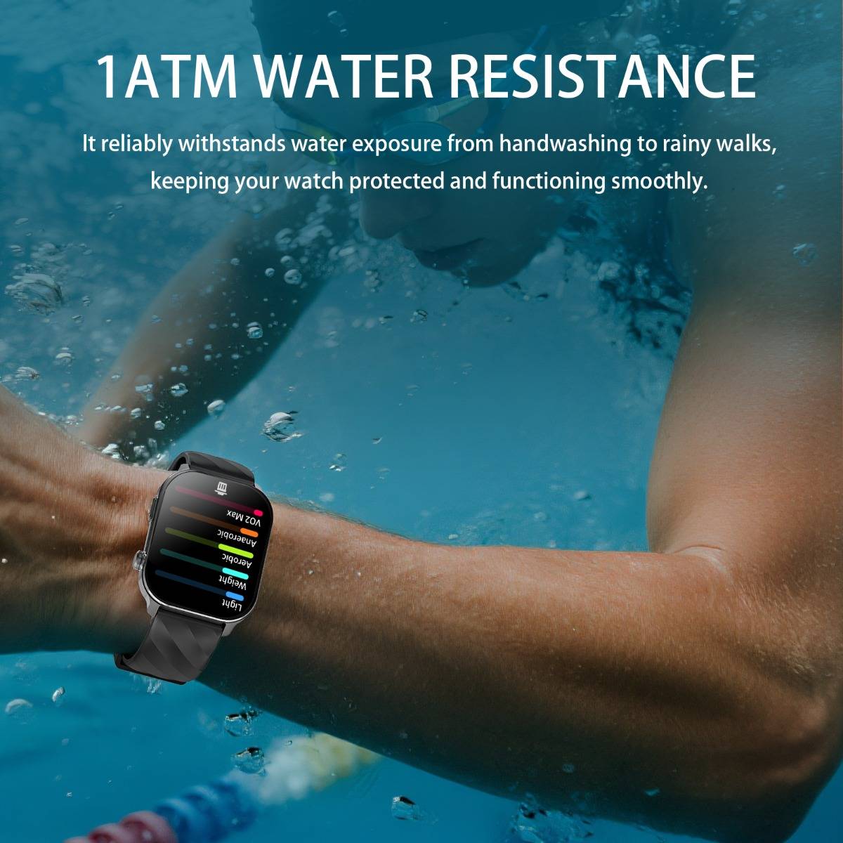 Person, die eine Smartwatch unter Wasser trägt, illustriert '1ATM WASSERDICHTIGKEIT' und Schutz vor Handwaschen und Regenspaziergängen.