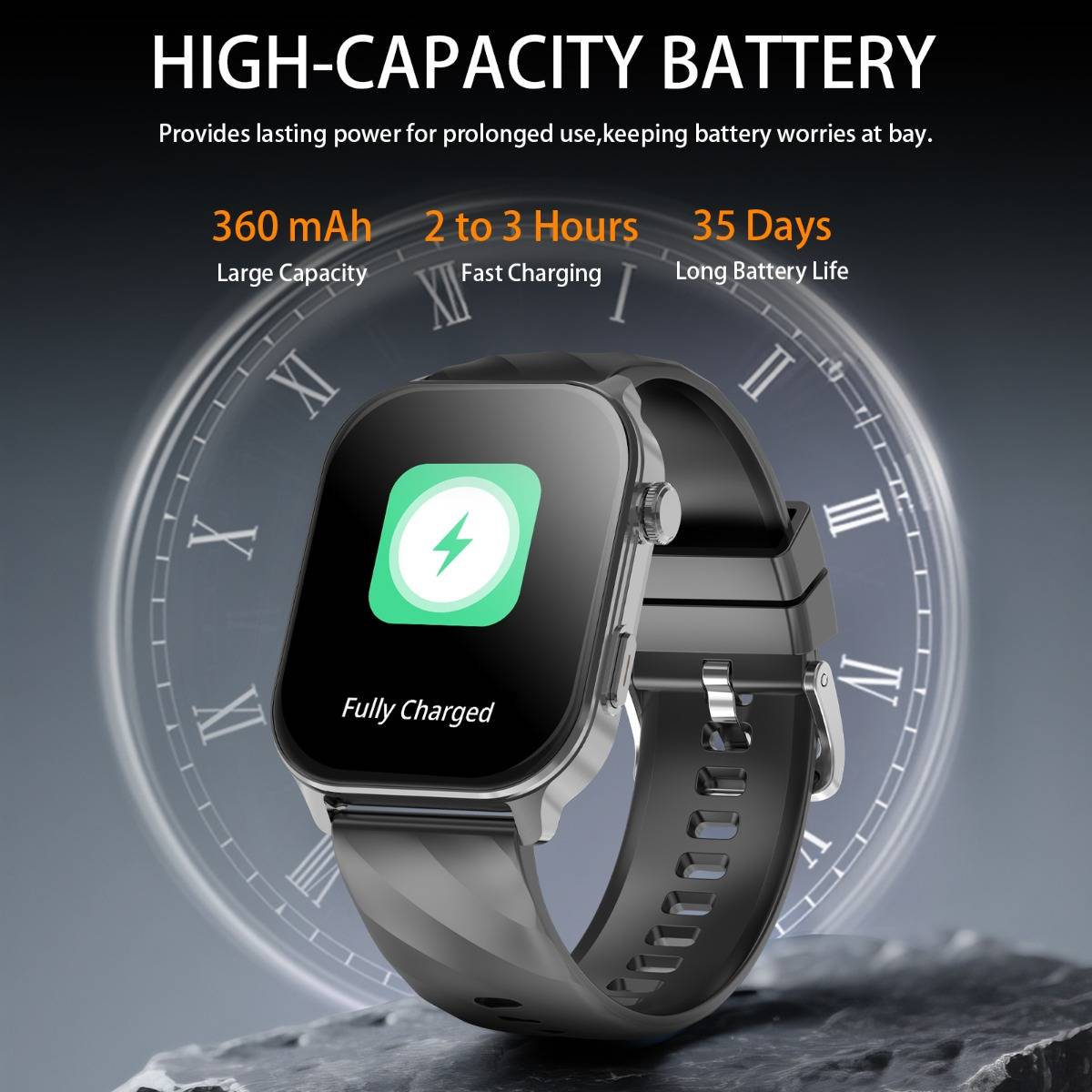 Smartwatch-Anzeige für eine "HOCHKAPAZITÄTS-BATTERIE"" mit 360 mAh, 2 bis 3 Stunden Schnellladung und 35 Tage Akkulaufzeit; das Uhrendisplay zeigt ""Vollständig aufgeladen"".