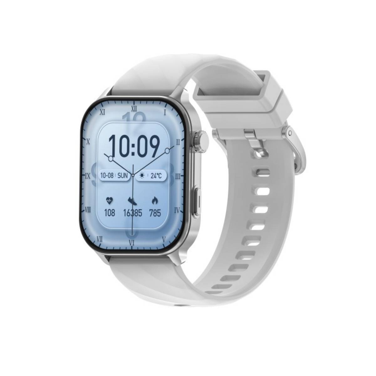 Silberne Smartwatch mit weißem Armband mit digitales-analogem Zifferblatt, Zeit 10:09, Datum SUN 10-08, 24°C und Gesundheitsstatistiken.