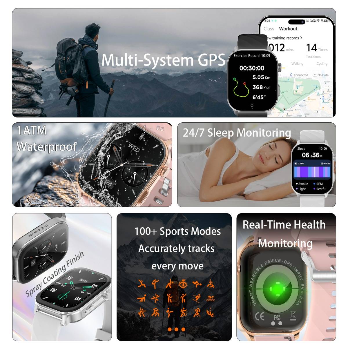 Werbekollage einer Smartwatch mit GPS-Trainings-Tracking, 1ATM-Wasserdichtheit, Schlafüberwachung, Sprühbeschichtungsfinish, über 100 Sportmodi und Echtzeit-Gesundheitsüberwachung.