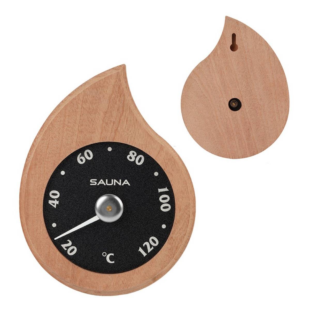 Holz-Saunathermometer mit schwarzem Zifferblatt, Anzeige von 20-120°C und Rückansicht mit Aufhängeschlitz.