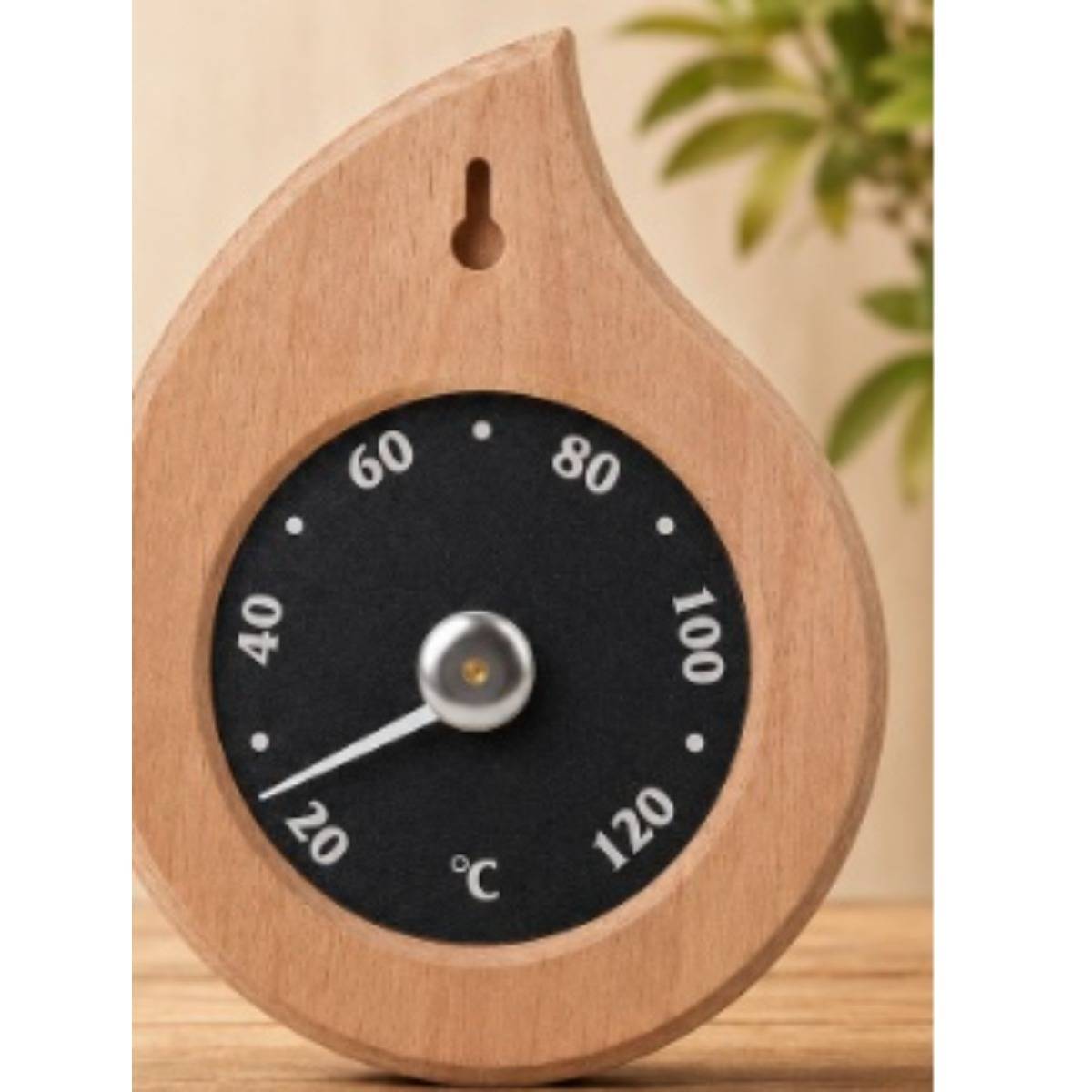 Holz-Wandthermometer mit rundem Gehäuse und schwarzem Zifferblatt, zeigt etwa 20°C an, Bereich von 20 bis 120°C.