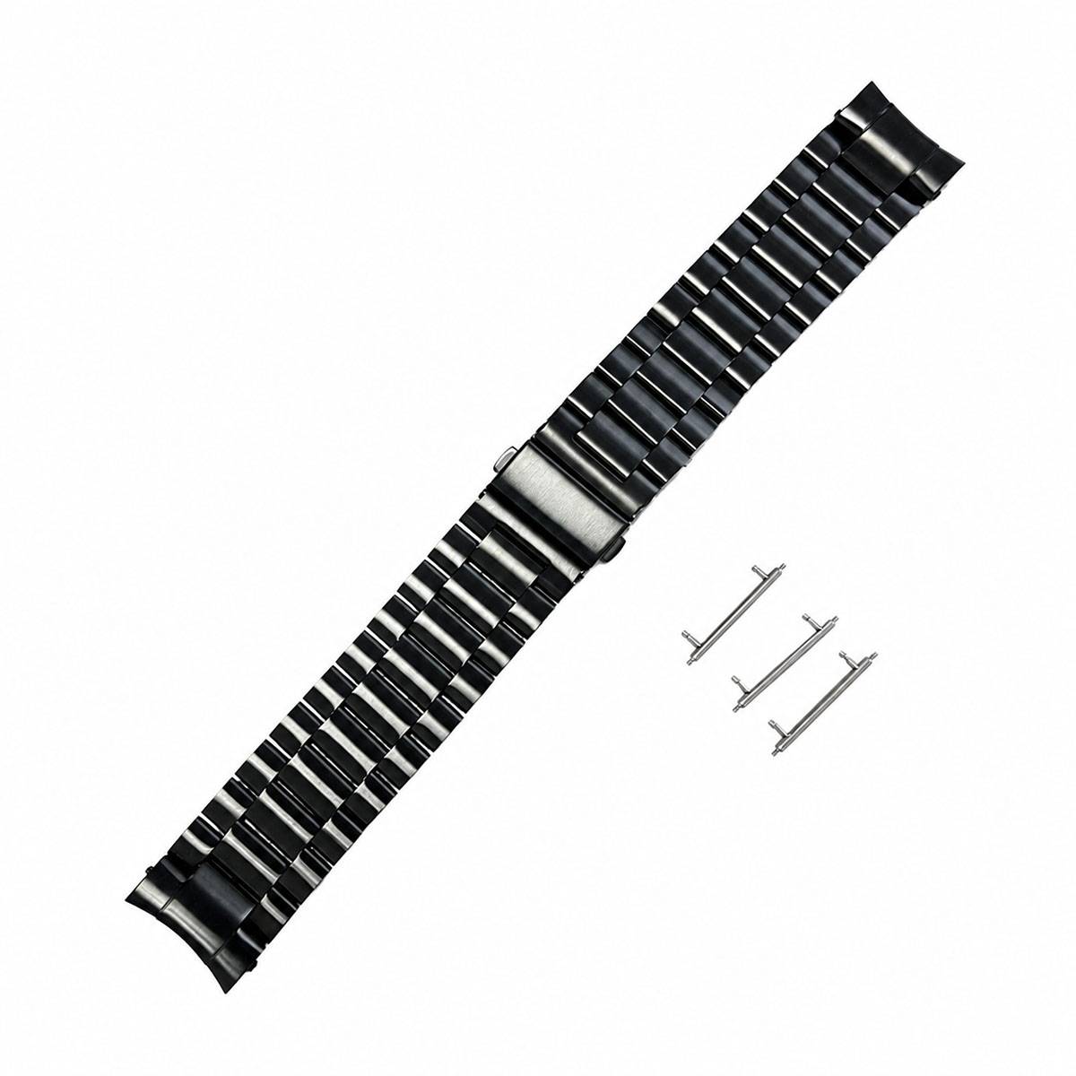 Schwarzes Metalluhrenarmband mit drei Federstegen auf weißem Hintergrund.