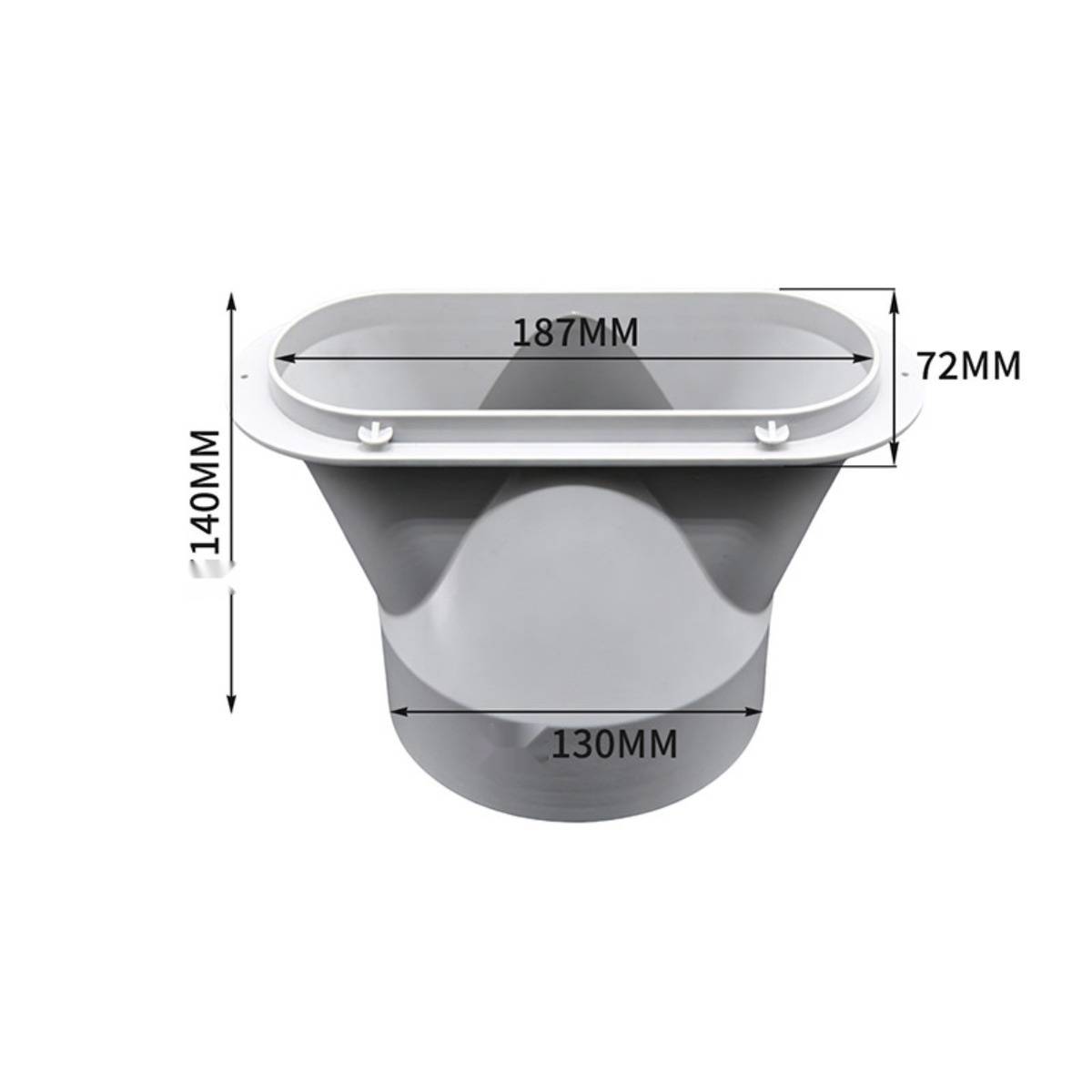 Technische Illustration einer grauen Lüftungs- oder Kanalkomponente mit beschrifteten Abmessungen: 187 mm breit, 72 mm hoch oben, 140 mm Gesamthöhe und 130 mm breit an der Basis.