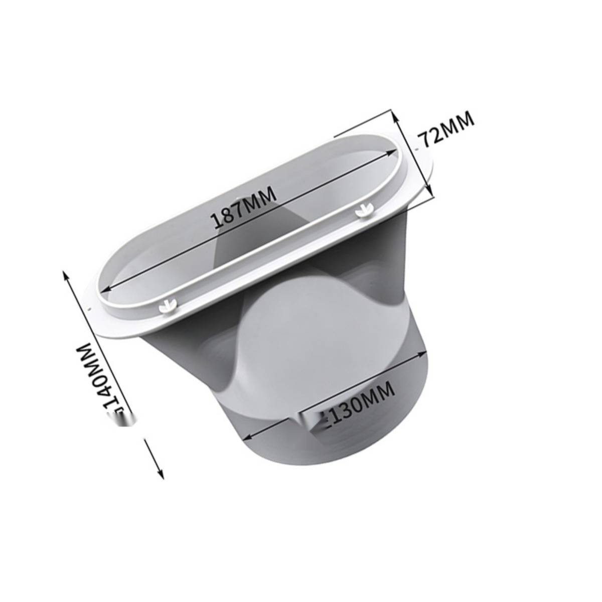 Rotierender grauer Lüftungskanalkupplungsadapter mit beschrifteten Abmessungen von 187mm, 72mm, 130mm und 140mm.