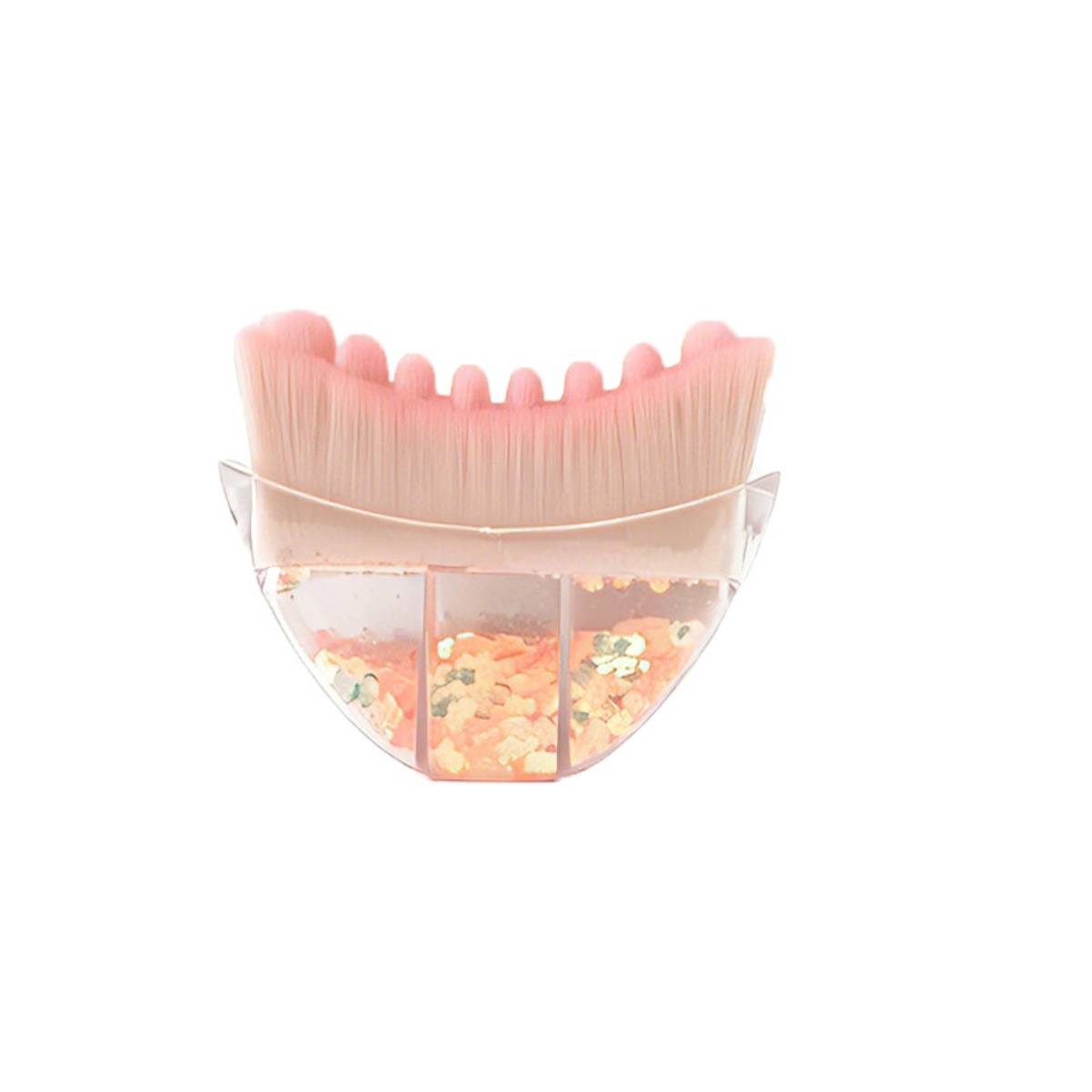 Klarer Make-up-Pinsel mit rosa Borsten und transparentem Griff, gefüllt mit Glitter-Konfetti auf weißem Hintergrund.