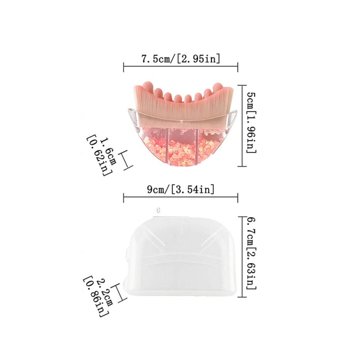 Dimensioniertes Produktbild, das eine Silikonbürsten-Reinigungstasche in zwei Ansichten zeigt, mit beschrifteten Maßen von 7,5 cm, 5 cm, 9 cm, 6,7 cm, 2 cm und 1,6 cm.