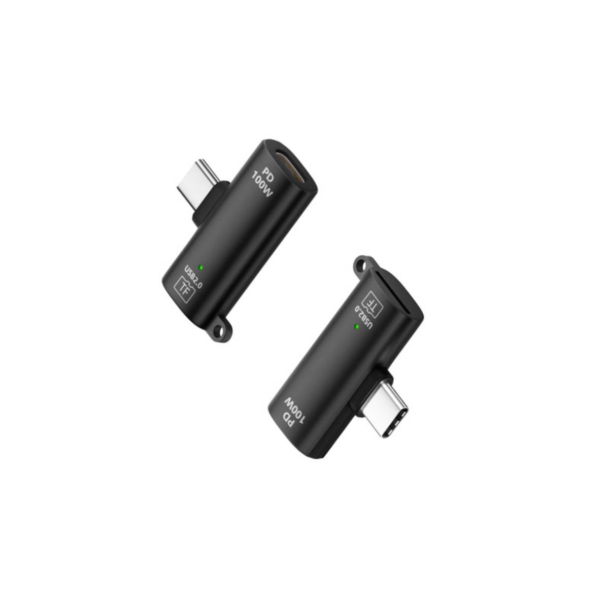 Zwei schwarze USB-C-Adapter-Dongle mit Schlüsselanhänger-Schlaufen auf weißem Hintergrund, beschriftet mit PD 100W und Modell C-1.