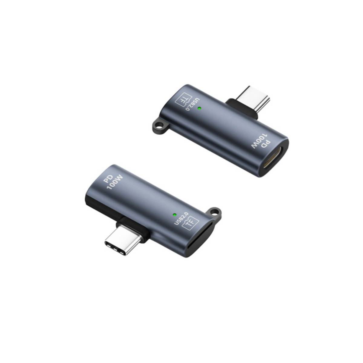 Zwei dunkelgraue USB-C-Adapter-Dongles mit Umhängeschleifen, beschriftet mit „PD 100W