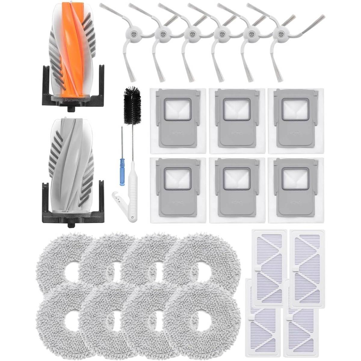 Roboterstaubsauger-Ersatzzubehör-Set mit Seitenbürsten, Filtern, Wischtüchern, Staubbeutel und Reinigungsbürste auf weißem Hintergrund