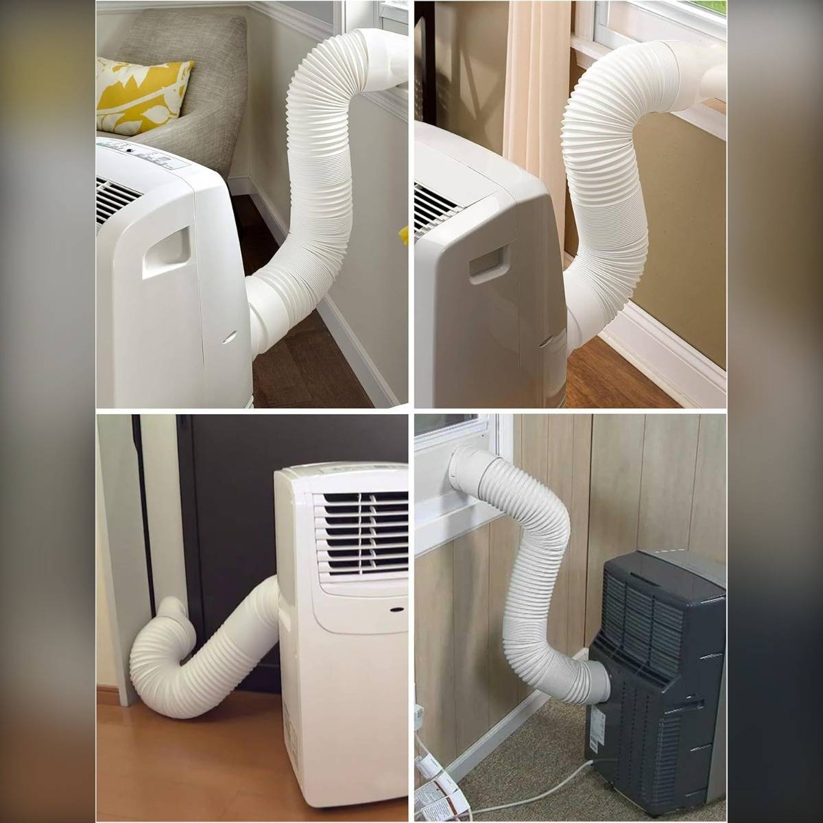 Collage mit einem tragbaren Klimagerät, das durch einen weißen flexiblen Schlauch zu verschiedenen Fensteröffnungen in vier Wohnungseinrichtungen geleitet wird.